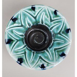 Handmade Glazed Pottery Blue/Green Flower Swirl Trinket Bowl Candle Holder with